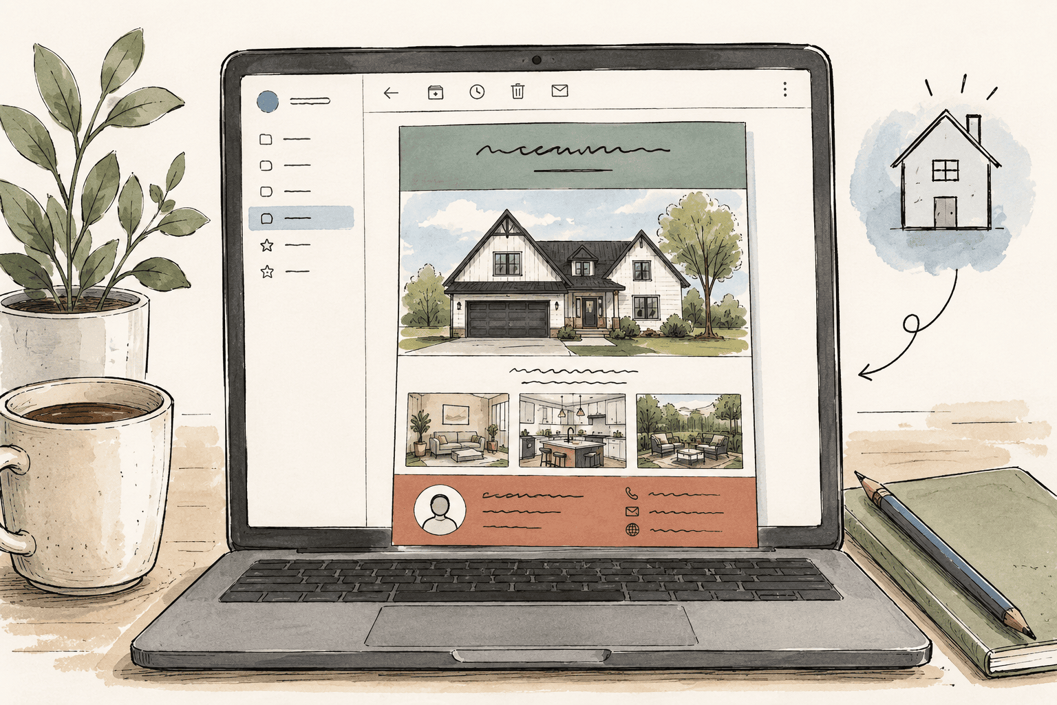 Illustration of a laptop displaying a real estate email flyer, with a sample home listing photo, supporting interior photos, and an agent contact panel.