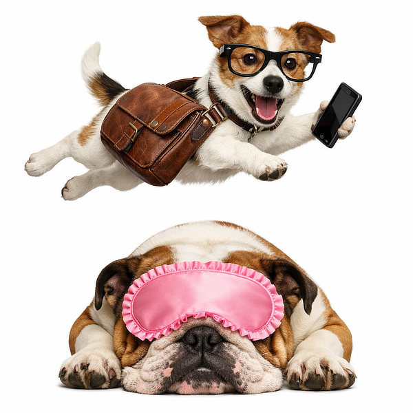 A nimble terrier in nerd glasses leaping over a sleeping bulldog